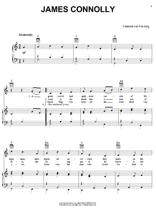 Learn to play Irish Folksong James Connolly sheet music for Piano, Vocal & Guitar Chords (Right-Hand Melody) in minutes. Price: 7.8900$ Irish Folksong James Connolly sheet music notes and chords arranged for Piano, Vocal & Guitar Chords (Right-Hand Melody)