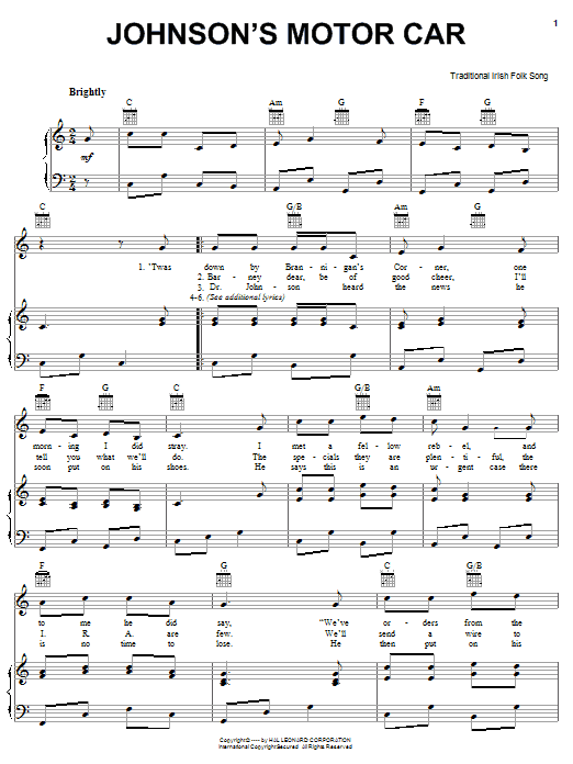 Learn to play Irish Folksong Johnson's Motor Car sheet music for Piano, Vocal & Guitar Chords (Right-Hand Melody) in minutes. Price: 7.8900$ Irish Folksong Johnson's Motor Car sheet music notes and chords arranged for Piano, Vocal & Guitar Chords (Right-Hand Melody)