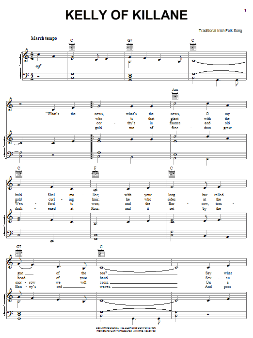 Irish Folksong Kelly Of Killane sheet music notes and chords. Download Printable PDF.