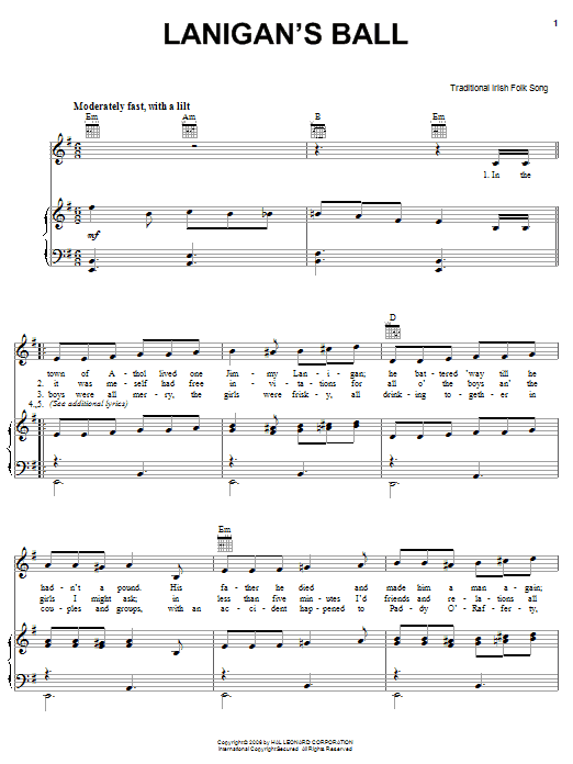 Learn to play Irish Folksong Lanigan's Ball sheet music for Piano, Vocal & Guitar Chords (Right-Hand Melody) in minutes. Price: 7.8900$ Irish Folksong Lanigan's Ball sheet music notes and chords arranged for Piano, Vocal & Guitar Chords (Right-Hand Melody)