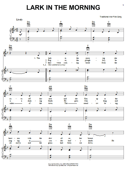 Learn to play Irish Folksong Lark In The Morning sheet music for Piano, Vocal & Guitar Chords (Right-Hand Melody) in minutes. Price: 7.8900$ Irish Folksong Lark In The Morning sheet music notes and chords arranged for Piano, Vocal & Guitar Chords (Right-Hand Melody)