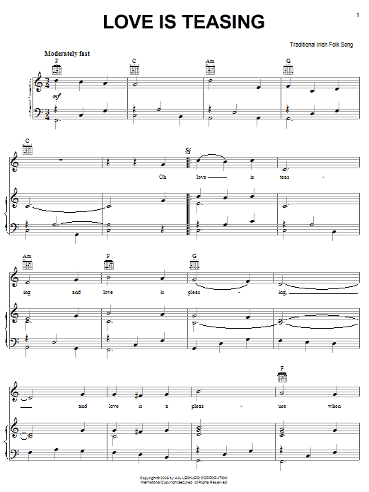 Learn to play Irish Folksong Love Is Teasing sheet music for Piano, Vocal & Guitar Chords (Right-Hand Melody) in minutes. Price: 7.8900$ Irish Folksong Love Is Teasing sheet music notes and chords arranged for Piano, Vocal & Guitar Chords (Right-Hand Melody)