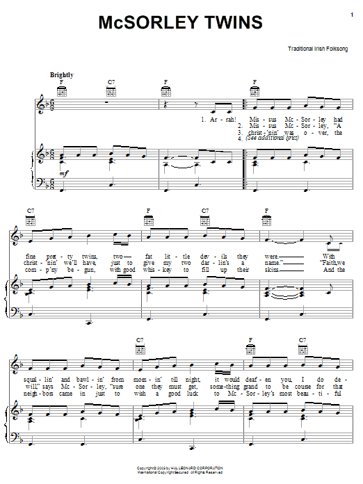 Learn to play Irish Folksong McSorley Twins sheet music for Piano, Vocal & Guitar Chords (Right-Hand Melody) in minutes. Price: 7.8900$ Irish Folksong McSorley Twins sheet music notes and chords arranged for Piano, Vocal & Guitar Chords (Right-Hand Melody)