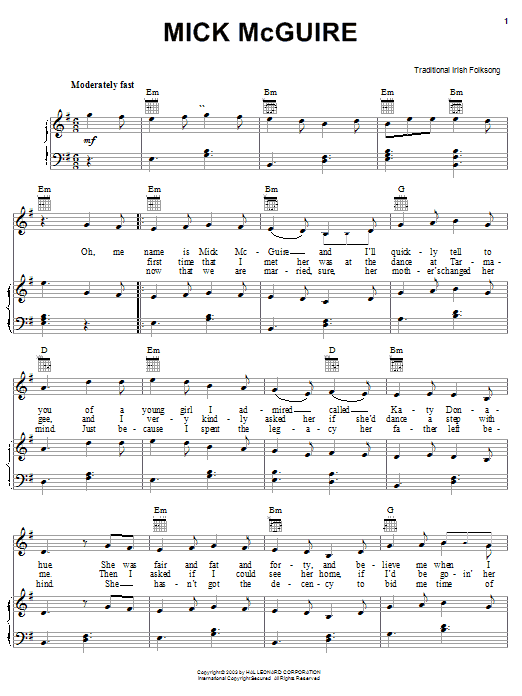Learn to play Irish Folksong Mick McGuire sheet music for Piano, Vocal & Guitar Chords (Right-Hand Melody) in minutes. Price: 7.8900$ Irish Folksong Mick McGuire sheet music notes and chords arranged for Piano, Vocal & Guitar Chords (Right-Hand Melody)