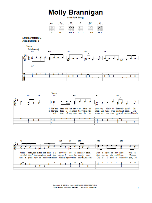 Learn to play Irish Folksong Molly Brannigan sheet music for Easy Guitar Tab in minutes. Price: 6.9900$ Irish Folksong Molly Brannigan sheet music notes and chords arranged for Easy Guitar Tab