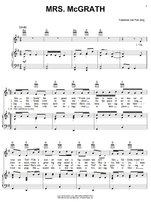 Learn to play Irish Folksong Mrs. McGrath sheet music for Piano, Vocal & Guitar Chords (Right-Hand Melody) in minutes. Price: 7.8900$ Irish Folksong Mrs. McGrath sheet music notes and chords arranged for Piano, Vocal & Guitar Chords (Right-Hand Melody)