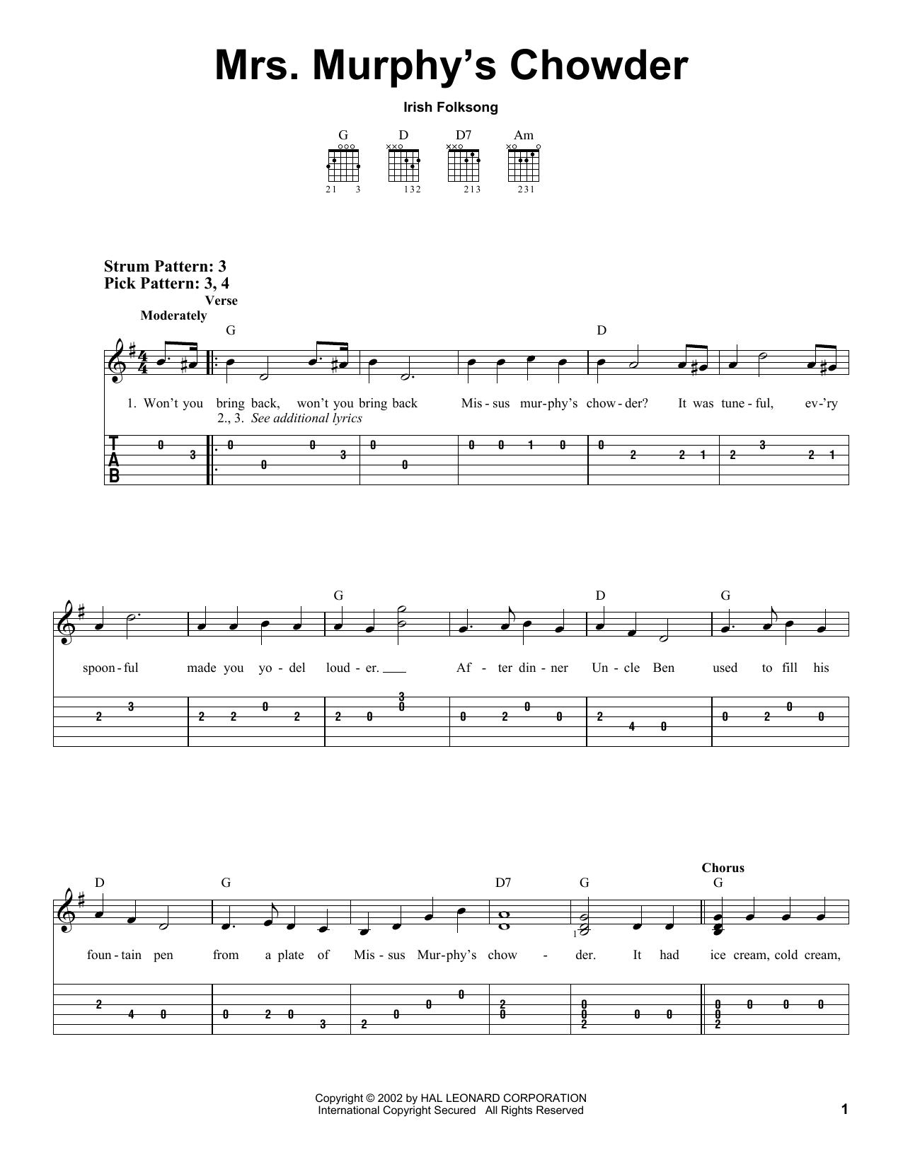 Irish Folksong Mrs. Murphy's Chowder sheet music notes and chords. Download Printable PDF.