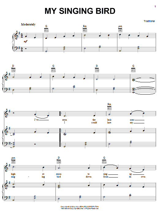 Learn to play Irish Folksong My Singing Bird sheet music for Piano, Vocal & Guitar Chords (Right-Hand Melody) in minutes. Price: 7.8900$ Irish Folksong My Singing Bird sheet music notes and chords arranged for Piano, Vocal & Guitar Chords (Right-Hand Melody)