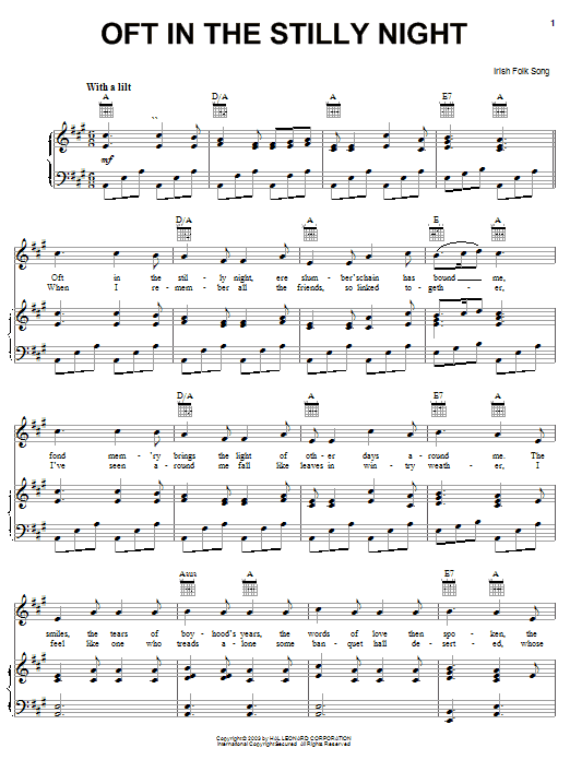 Learn to play Irish Folksong Oft In The Stilly Night sheet music for Piano, Vocal & Guitar Chords (Right-Hand Melody) in minutes. Price: 7.8900$ Irish Folksong Oft In The Stilly Night sheet music notes and chords arranged for Piano, Vocal & Guitar Chords (Right-Hand Melody)
