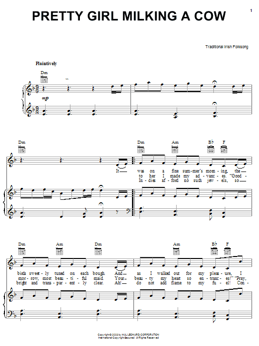 Learn to play Irish Folksong Pretty Girl Milking A Cow sheet music for Piano, Vocal & Guitar Chords (Right-Hand Melody) in minutes. Price: 7.8900$ Irish Folksong Pretty Girl Milking A Cow sheet music notes and chords arranged for Piano, Vocal & Guitar Chords (Right-Hand Melody)