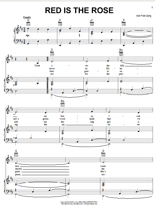 Irish Folksong Red Is The Rose sheet music notes and chords. Download Printable PDF.