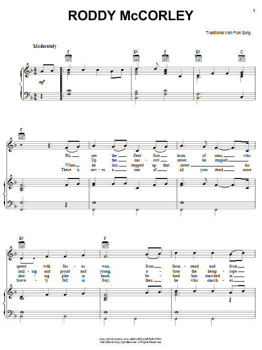 Learn to play Irish Folksong Roddy McCorley sheet music for Piano, Vocal & Guitar Chords (Right-Hand Melody) in minutes. Price: 7.8900$ Irish Folksong Roddy McCorley sheet music notes and chords arranged for Piano, Vocal & Guitar Chords (Right-Hand Melody)