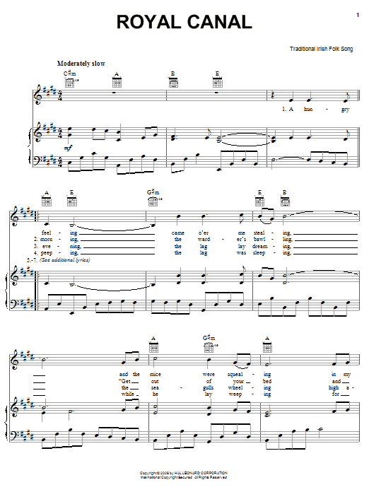 Learn to play Irish Folksong Royal Canal sheet music for Piano, Vocal & Guitar Chords (Right-Hand Melody) in minutes. Price: 7.8900$ Irish Folksong Royal Canal sheet music notes and chords arranged for Piano, Vocal & Guitar Chords (Right-Hand Melody)