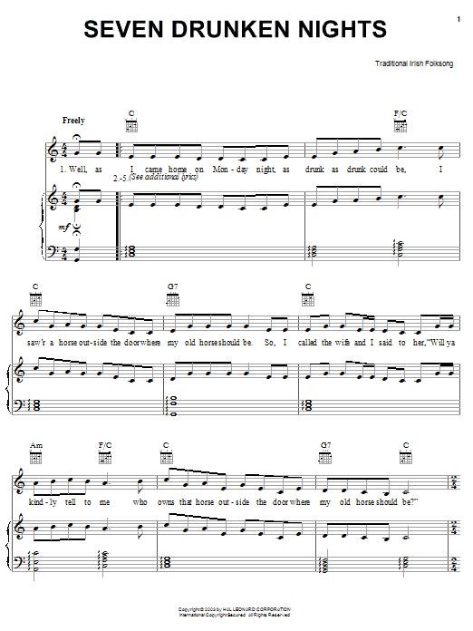 Learn to play Irish Folksong Seven Drunken Nights sheet music for Piano, Vocal & Guitar Chords (Right-Hand Melody) in minutes. Price: 7.8900$ Irish Folksong Seven Drunken Nights sheet music notes and chords arranged for Piano, Vocal & Guitar Chords (Right-Hand Melody)