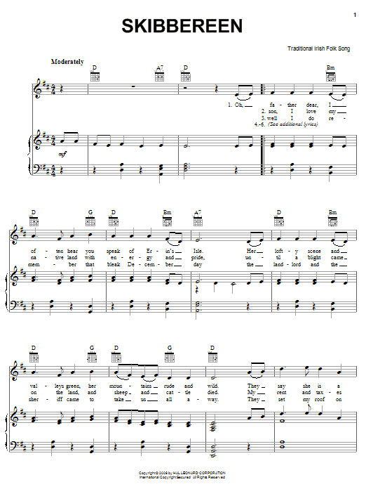 Irish Folksong Skibbereen sheet music notes and chords arranged for Piano, Vocal & Guitar Chords (Right-Hand Melody)