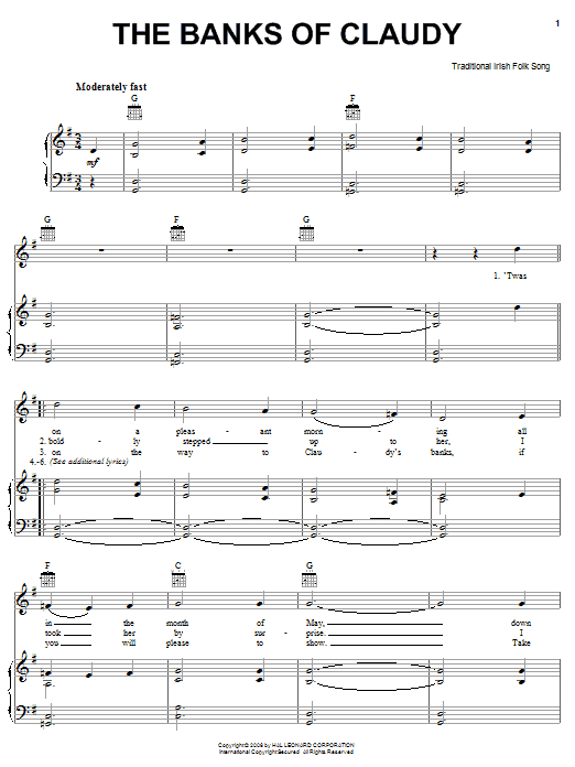 Learn to play Irish Folksong The Banks Of Claudy sheet music for Piano, Vocal & Guitar Chords (Right-Hand Melody) in minutes. Price: 7.8900$ Irish Folksong The Banks Of Claudy sheet music notes and chords arranged for Piano, Vocal & Guitar Chords (Right-Hand Melody)