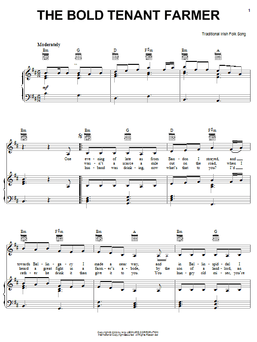 Irish Folksong The Bold Tenant Farmer sheet music notes and chords arranged for Piano, Vocal & Guitar Chords (Right-Hand Melody)