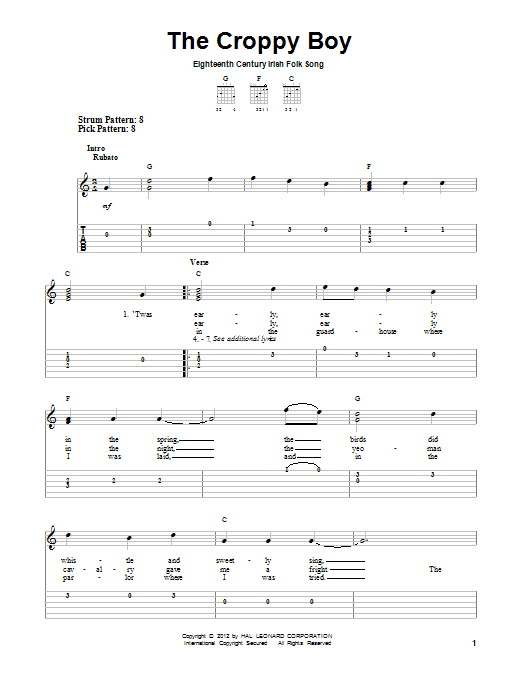 Irish Folksong The Croppy Boy sheet music notes and chords. Download Printable PDF.