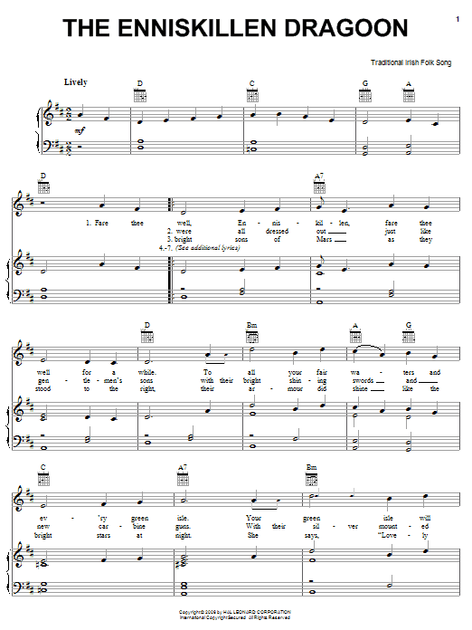 Learn to play Irish Folksong The Enniskillen Dragoon sheet music for Piano, Vocal & Guitar Chords (Right-Hand Melody) in minutes. Price: 7.8900$ Irish Folksong The Enniskillen Dragoon sheet music notes and chords arranged for Piano, Vocal & Guitar Chords (Right-Hand Melody)