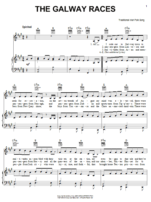 Learn to play Irish Folksong The Galway Races sheet music for Piano, Vocal & Guitar Chords (Right-Hand Melody) in minutes. Price: 7.8900$ Irish Folksong The Galway Races sheet music notes and chords arranged for Piano, Vocal & Guitar Chords (Right-Hand Melody)