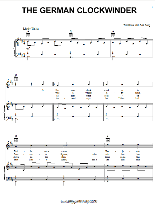 Learn to play Irish Folksong The German Clockwinder sheet music for Piano, Vocal & Guitar Chords (Right-Hand Melody) in minutes. Price: 7.8900$ Irish Folksong The German Clockwinder sheet music notes and chords arranged for Piano, Vocal & Guitar Chords (Right-Hand Melody)