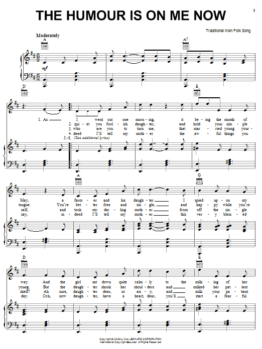 Learn to play Irish Folksong The Humour Is On Me Now sheet music for Piano, Vocal & Guitar Chords (Right-Hand Melody) in minutes. Price: 7.8900$ Irish Folksong The Humour Is On Me Now sheet music notes and chords arranged for Piano, Vocal & Guitar Chords (Right-Hand Melody)