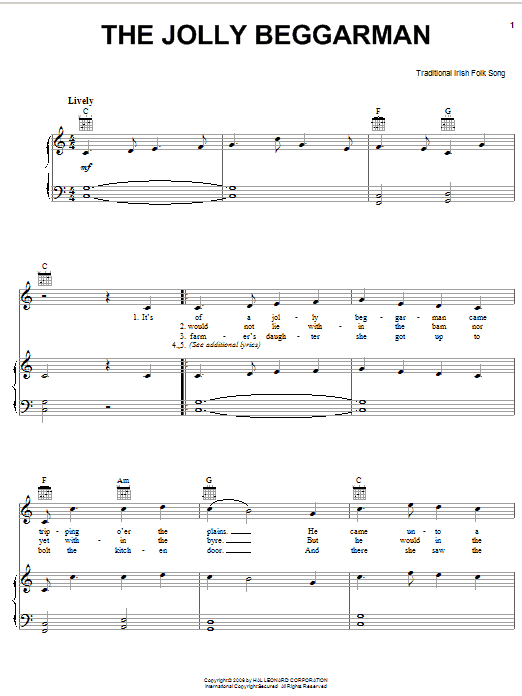 Learn to play Irish Folksong The Jolly Beggarman sheet music for Piano, Vocal & Guitar Chords (Right-Hand Melody) in minutes. Price: 7.8900$ Irish Folksong The Jolly Beggarman sheet music notes and chords arranged for Piano, Vocal & Guitar Chords (Right-Hand Melody)