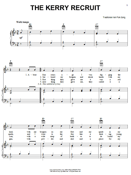 Learn to play Irish Folksong The Kerry Recruit sheet music for Piano, Vocal & Guitar Chords (Right-Hand Melody) in minutes. Price: 7.8900$ Irish Folksong The Kerry Recruit sheet music notes and chords arranged for Piano, Vocal & Guitar Chords (Right-Hand Melody)