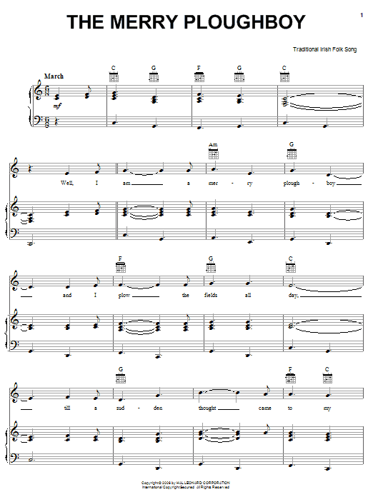 Learn to play Irish Folksong The Merry Ploughboy sheet music for Piano, Vocal & Guitar Chords (Right-Hand Melody) in minutes. Price: 7.8900$ Irish Folksong The Merry Ploughboy sheet music notes and chords arranged for Piano, Vocal & Guitar Chords (Right-Hand Melody)