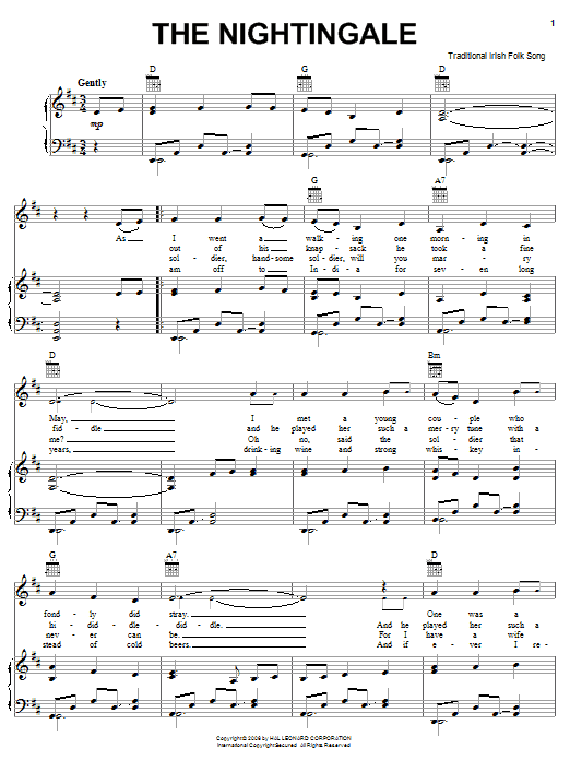 Learn to play Irish Folksong The Nightingale sheet music for Piano, Vocal & Guitar Chords (Right-Hand Melody) in minutes. Price: 7.8900$ Irish Folksong The Nightingale sheet music notes and chords arranged for Piano, Vocal & Guitar Chords (Right-Hand Melody)