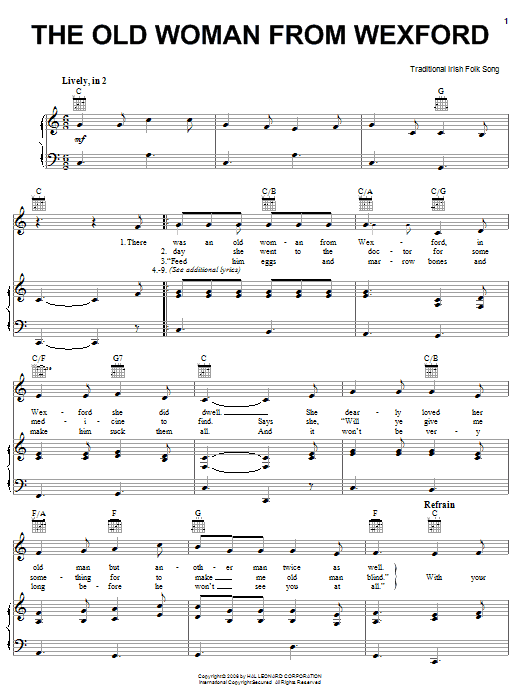 Learn to play Irish Folksong The Old Woman From Wexford sheet music for Piano, Vocal & Guitar Chords (Right-Hand Melody) in minutes. Price: 7.8900$ Irish Folksong The Old Woman From Wexford sheet music notes and chords arranged for Piano, Vocal & Guitar Chords (Right-Hand Melody)