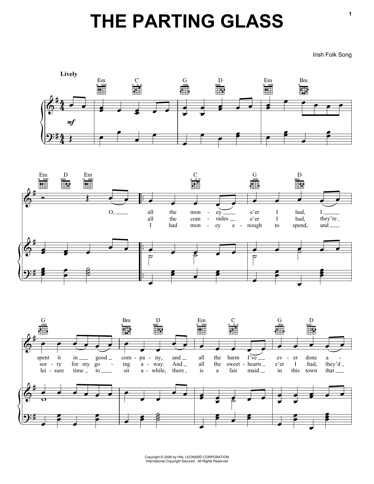 Irish Folksong The Parting Glass sheet music notes and chords. Download Printable PDF.