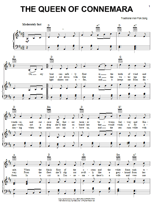 Irish Folksong The Queen Of Connemara sheet music notes and chords arranged for Piano, Vocal & Guitar Chords (Right-Hand Melody)