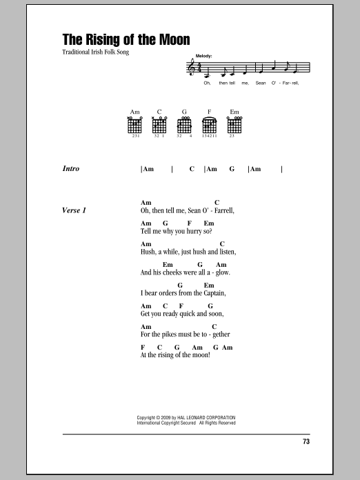 Irish Folksong The Rising Of The Moon sheet music notes and chords. Download Printable PDF.