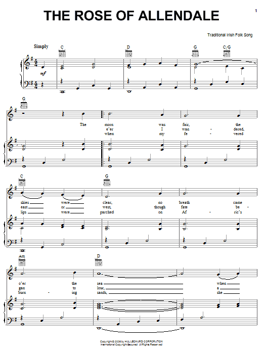 Irish Folksong The Rose Of Allendale sheet music notes and chords arranged for Piano, Vocal & Guitar Chords (Right-Hand Melody)