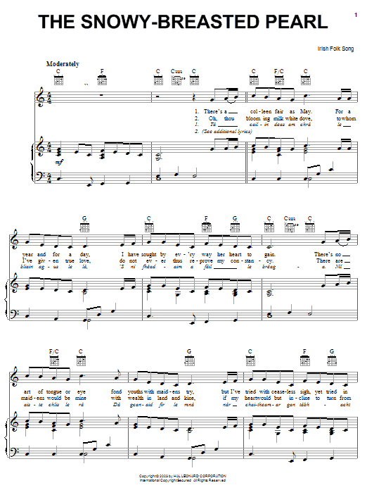 Learn to play Irish Folksong The Snowy-Breasted Pearl sheet music for Piano, Vocal & Guitar Chords (Right-Hand Melody) in minutes. Price: 7.8900$ Irish Folksong The Snowy-Breasted Pearl sheet music notes and chords arranged for Piano, Vocal & Guitar Chords (Right-Hand Melody)
