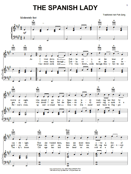 Learn to play Irish Folksong The Spanish Lady sheet music for Piano, Vocal & Guitar Chords (Right-Hand Melody) in minutes. Price: 7.8900$ Irish Folksong The Spanish Lady sheet music notes and chords arranged for Piano, Vocal & Guitar Chords (Right-Hand Melody)