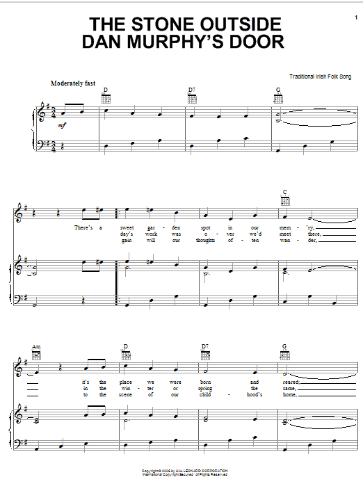 Learn to play Irish Folksong The Stone Outside Dan Murphy's Door sheet music for Piano, Vocal & Guitar Chords (Right-Hand Melody) in minutes. Price: 7.8900$ Irish Folksong The Stone Outside Dan Murphy's Door sheet music notes and chords arranged for Piano, Vocal & Guitar Chords (Right-Hand Melody)