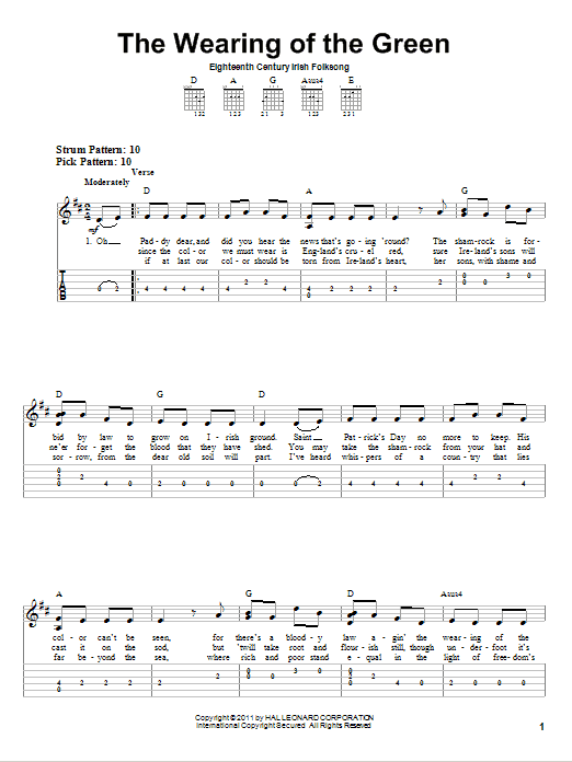 Irish Folksong The Wearing Of The Green sheet music notes and chords. Download Printable PDF.