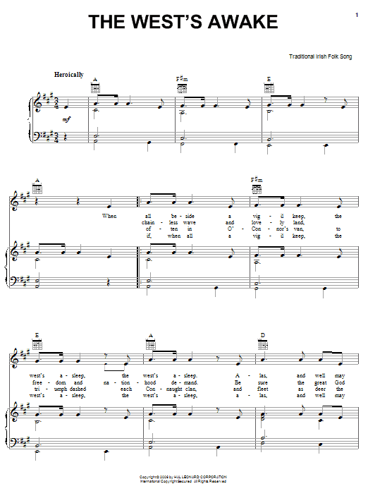 Learn to play Irish Folksong The West's Awake sheet music for Piano, Vocal & Guitar Chords (Right-Hand Melody) in minutes. Price: 7.8900$ Irish Folksong The West's Awake sheet music notes and chords arranged for Piano, Vocal & Guitar Chords (Right-Hand Melody)