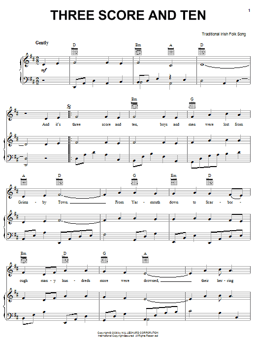Learn to play Irish Folksong Three Score And Ten sheet music for Piano, Vocal & Guitar Chords (Right-Hand Melody) in minutes. Price: 7.8900$ Irish Folksong Three Score And Ten sheet music notes and chords arranged for Piano, Vocal & Guitar Chords (Right-Hand Melody)