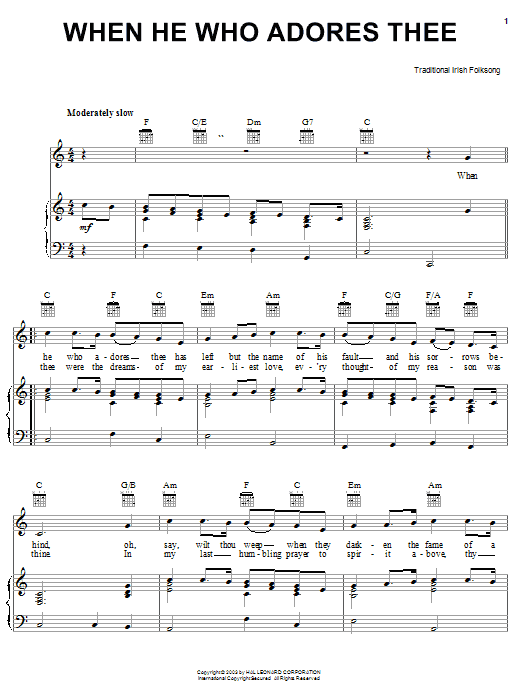 Learn to play Irish Folksong When He Who Adores Thee sheet music for Piano, Vocal & Guitar Chords (Right-Hand Melody) in minutes. Price: 7.8900$ Irish Folksong When He Who Adores Thee sheet music notes and chords arranged for Piano, Vocal & Guitar Chords (Right-Hand Melody)