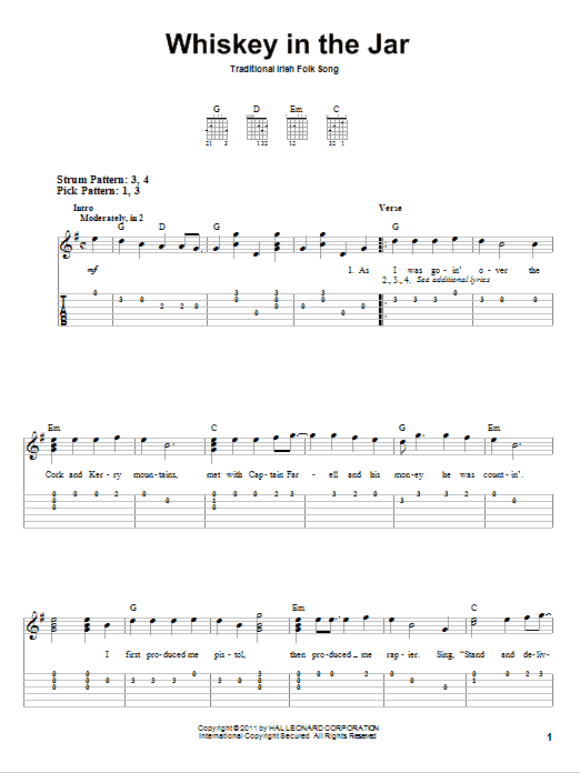 Irish Folksong Whiskey In The Jar sheet music notes and chords. Download Printable PDF.