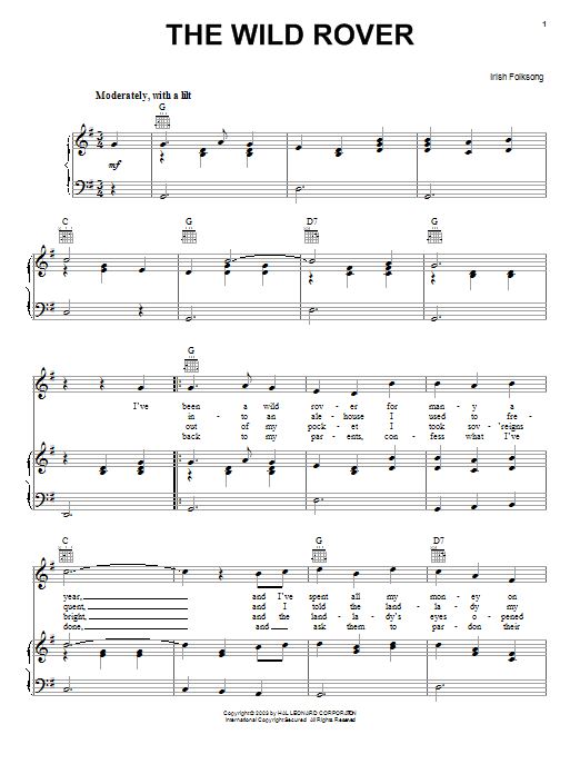 Irish Folksong Wild Rover sheet music notes and chords. Download Printable PDF.