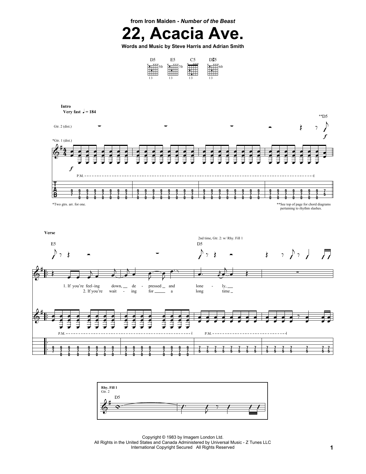 Learn to play Iron Maiden 22, Acacia Ave. sheet music for Guitar Tab in minutes. Price: 7.8900$ Iron Maiden 22, Acacia Ave. sheet music notes and chords arranged for Guitar Tab