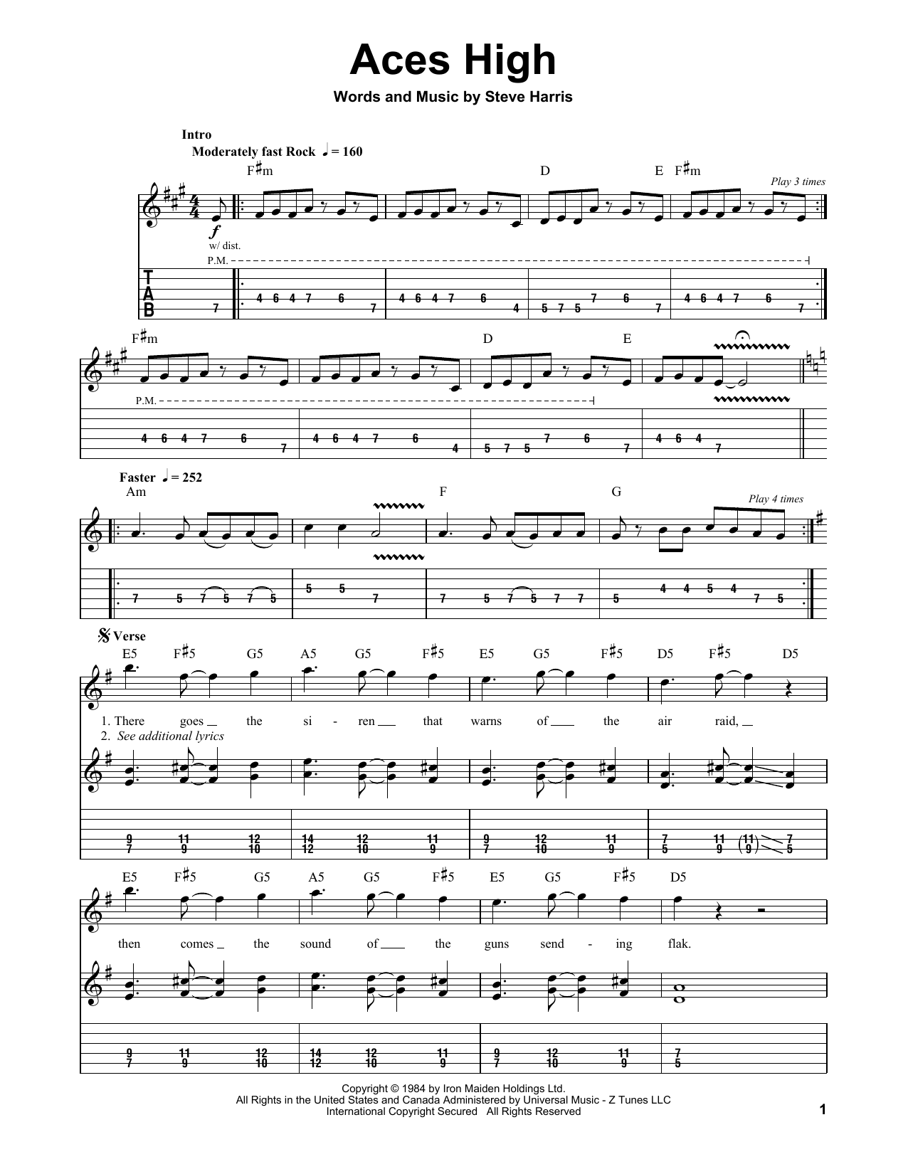 Iron Maiden Aces High sheet music notes and chords. Download Printable PDF.