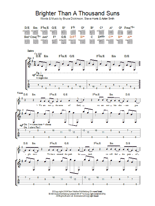 Learn to play Iron Maiden Brighter Than A Thousand Suns sheet music for Guitar Tab in minutes. Price: 7.8900$ Iron Maiden Brighter Than A Thousand Suns sheet music notes and chords arranged for Guitar Tab