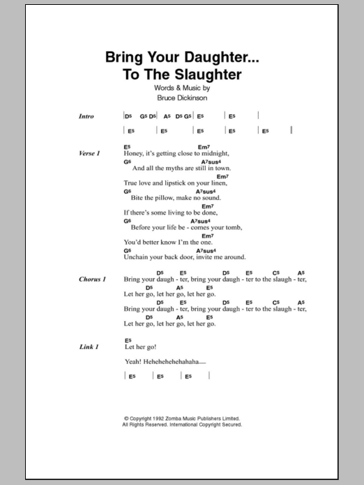 Iron Maiden Bring Your Daughter To The Slaughter sheet music notes and chords. Download Printable PDF.