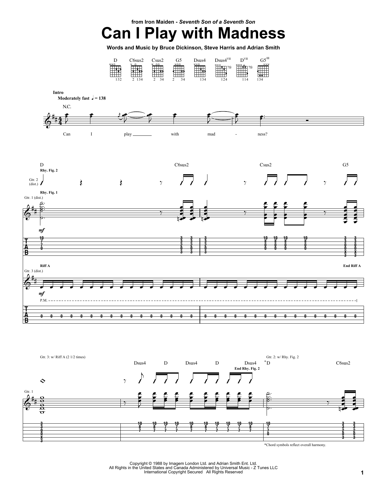 Iron Maiden Can I Play With Madness sheet music notes and chords. Download Printable PDF.