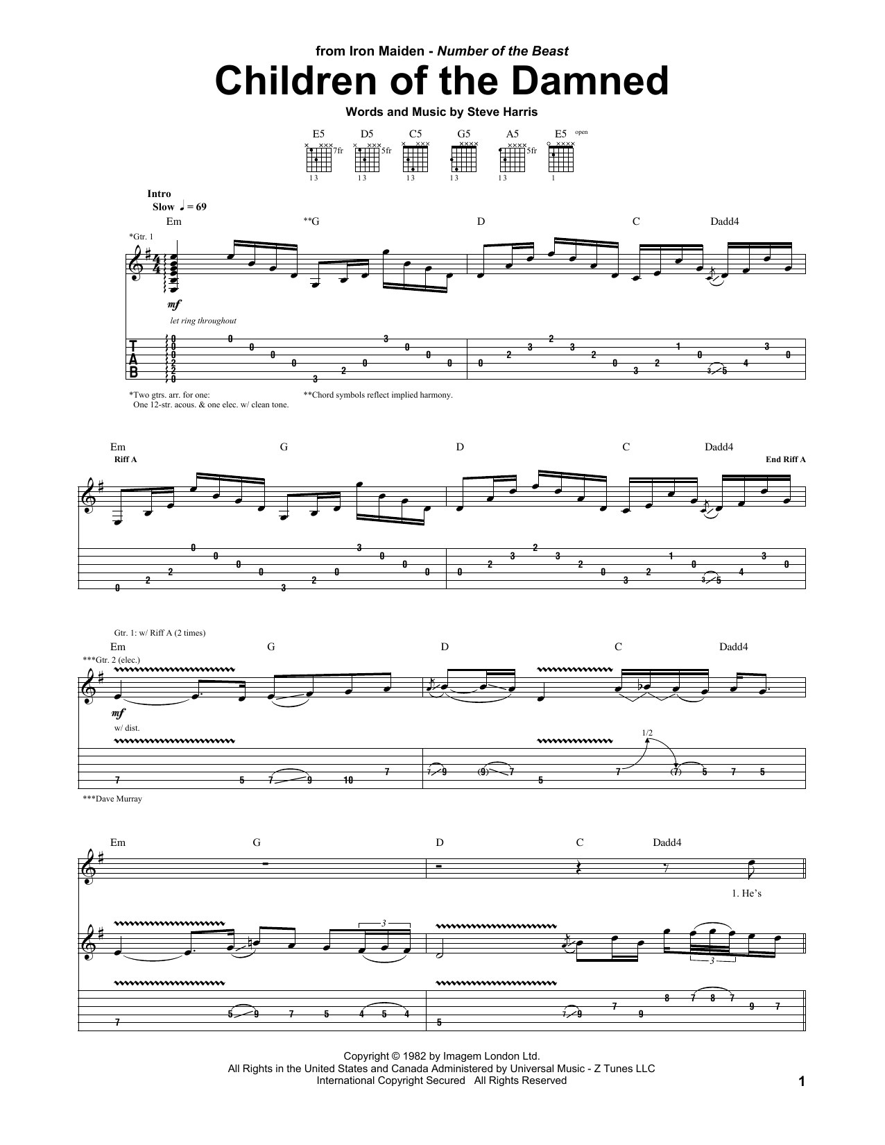 Iron Maiden Children Of The Damned sheet music notes and chords. Download Printable PDF.